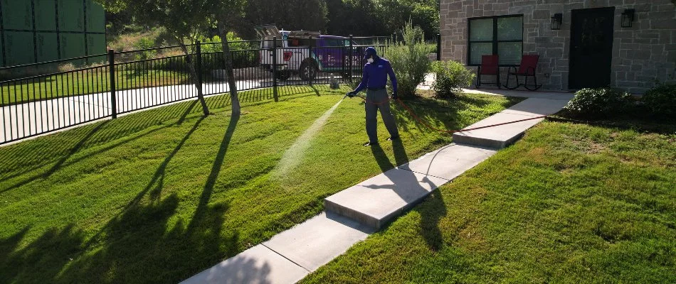 Professional pest control technician in Fort Worth, TX, spraying front yard near walkway and black fence.