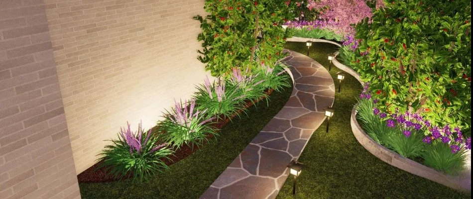 A 3D design of a flagstone walkway with surrounding landscaping in Fort Worth, TX.