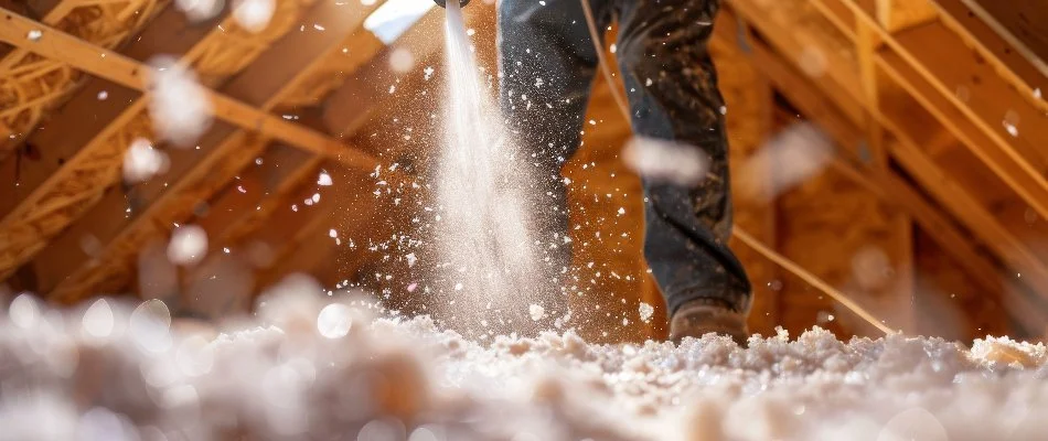 Worker spraying insulation in an attic in a home in Fort Worth, TX.