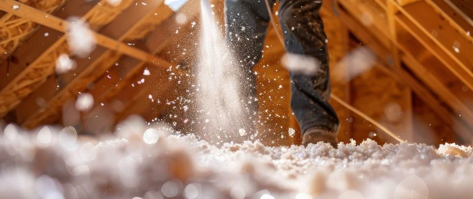 Worker applying foam in an attic.